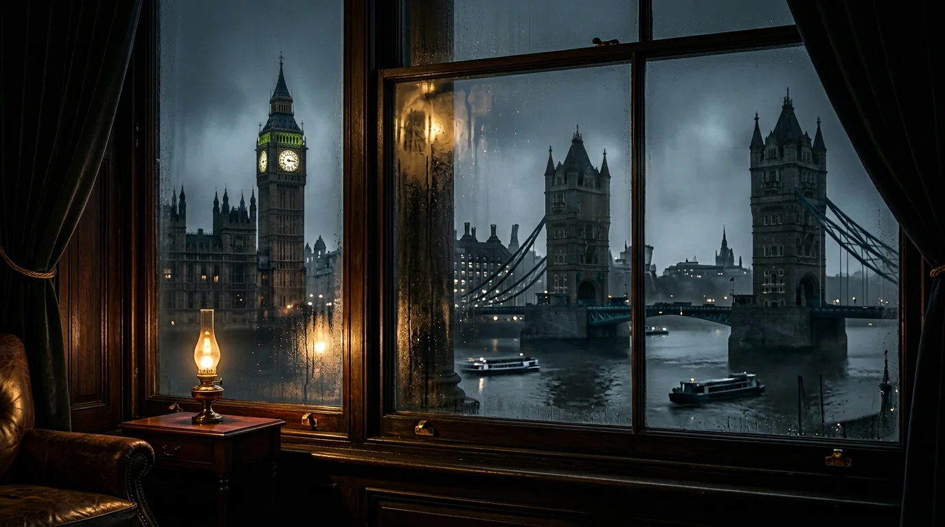 View from a gentlemen's club window over evening London — Big Ben and Tower Bridge in the mist